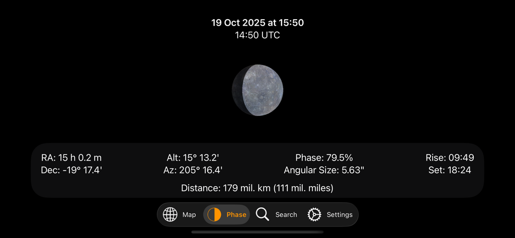 Mercury Atlas - マーキュリー・アトラスアプリのインターフェース。天文データとともに水星の惑星の位相を表示しています。