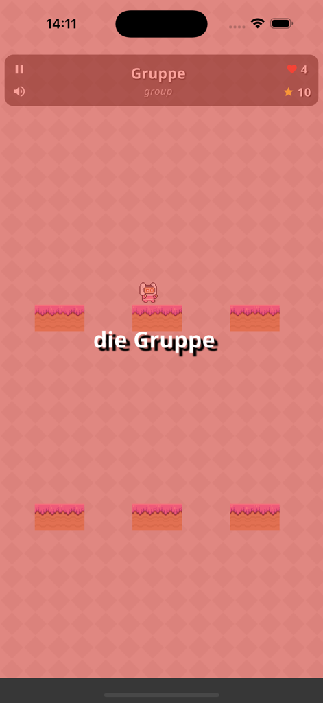 Word Climb - German Articles - A pixel art character jumping on platforms in Word Climb to learn the German article die for the word Gruppe.