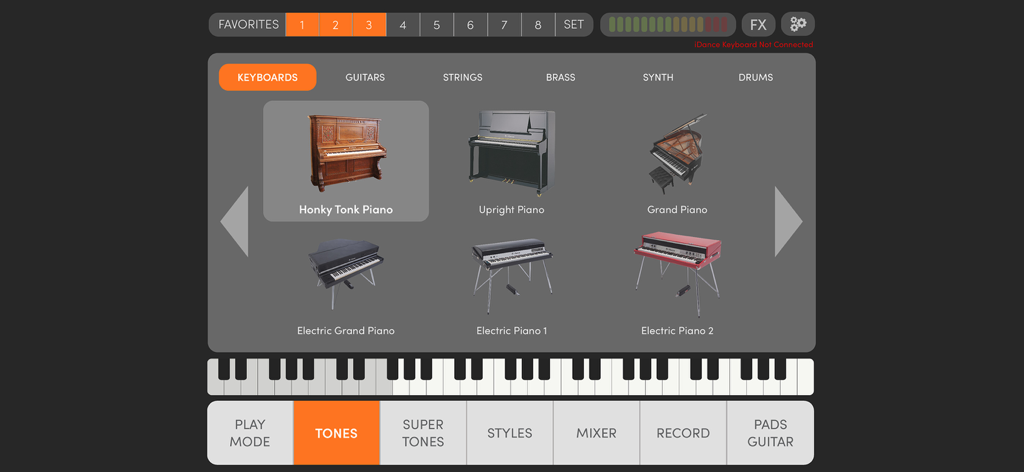 LIVEJAM - Interfaz de la aplicación LIVEJAM para seleccionar varios tonos de instrumentos de teclado y piano