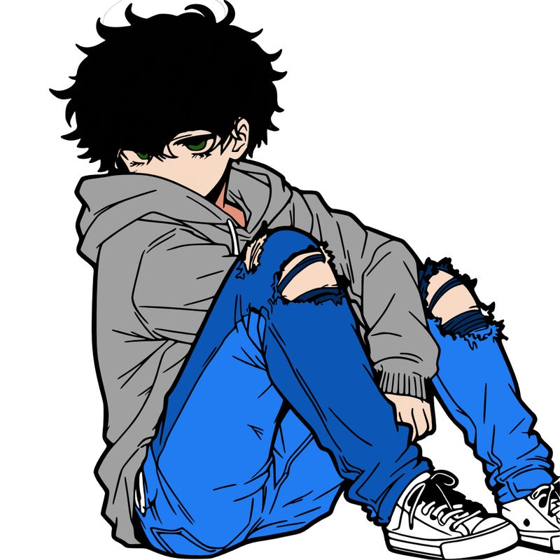 a male hoddie ripped jeans messy hair anime