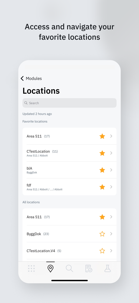 Chemical Manager - Interface of the Chemical Manager app showing a list of favorite and all facility locations for safety management