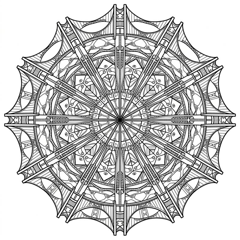 Explore a fascinating blend of engineering marvel and artistic symmetry with this suspension bridge mandala coloring page. Its intricate details and precise radial design offer a captivating challenge for colorists of all levels.