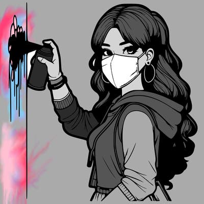 realistic girl with mask spray painting a wall