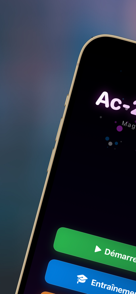 Menú de interfaz de la aplicación de trucos de magia AC2PHONE que muestra botones de inicio y entrenamiento