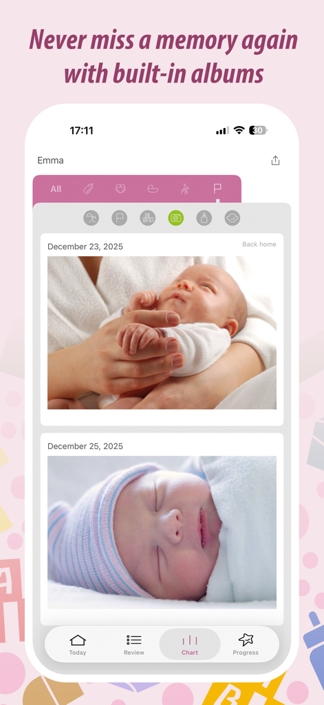 Baby Tracker Pro (Newborn Log) - Interfaz de la aplicación Baby Tracker Pro que muestra un álbum de fotos incorporado para registrar hitos y recuerdos del recién nacido