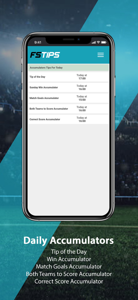 Football Super Tips - Mobile screen showing daily soccer betting accumulator tips including match goals and correct scores.
