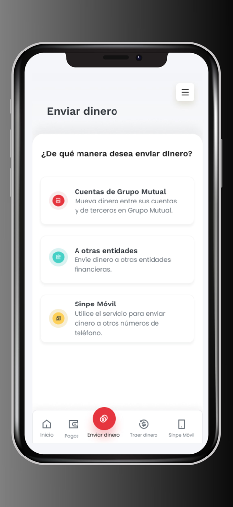 Mutual Movil Mobile App-Oberfläche mit Geldtransferoptionen einschließlich SINPE Movil und Konten der Grupo Mutual