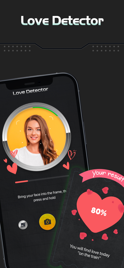 Lie Detector: Test Scan Prank - A screenshot of the Love Detector feature showing a face scan and an eighty percent love score result