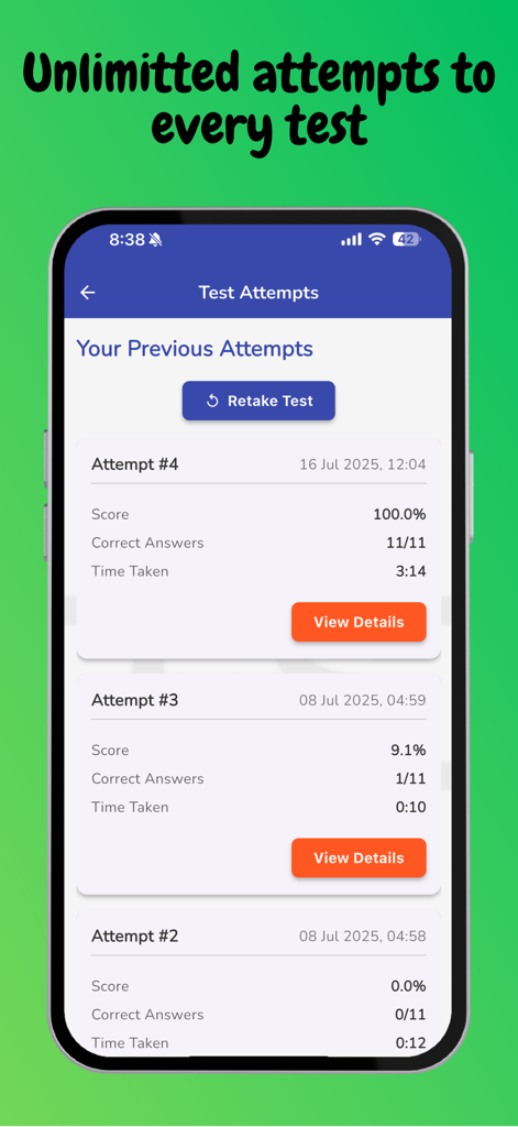 NAPLAN 7 Online Test - A mobile app screen showing a list of previous NAPLAN test attempts with scores and time taken