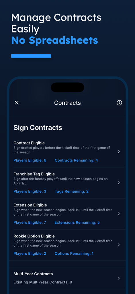 League Tycoon app interface for managing dynasty league player contracts and franchise tags