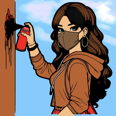 realistic girl with mask spray painting a wall