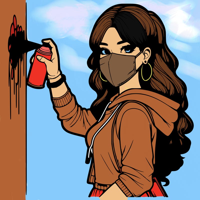 realistic girl with mask spray painting a wall