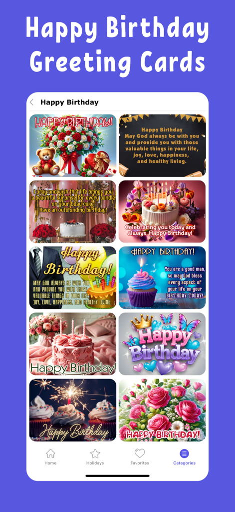 Love message & Birthday wishes - A collection of colorful happy birthday greeting cards featuring cakes flowers and teddy bears in a mobile app interface