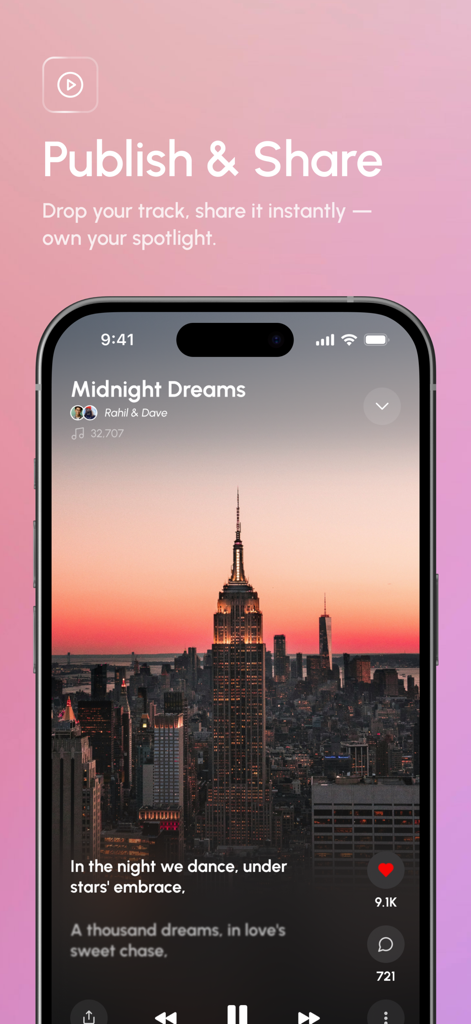 Wondera - AI for Music - A mobile interface for the Wondera app showcasing the publish and share feature with a song playing over a city skyline at sunset.
