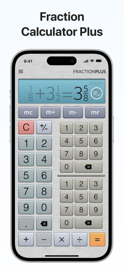 Fraction Calculator Plus app interface with fraction math on a mobile screen