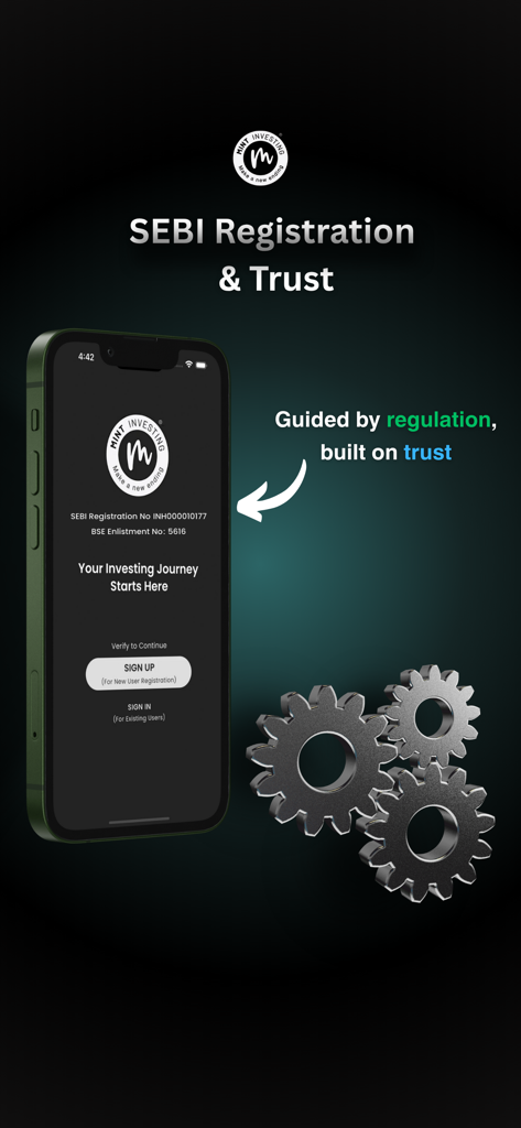 Mint Investing - Mint Investing app interface highlighting SEBI registration and regulatory trust for Indian stock market investors