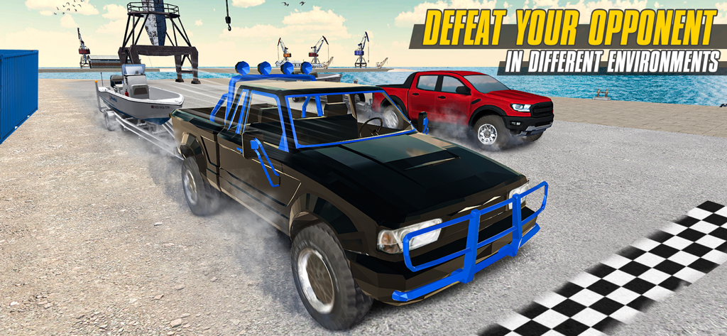 Drag Racing - Tow Truck Games - A black pickup truck towing a boat on a trailer in a drag race against a red truck in a harbor environment.