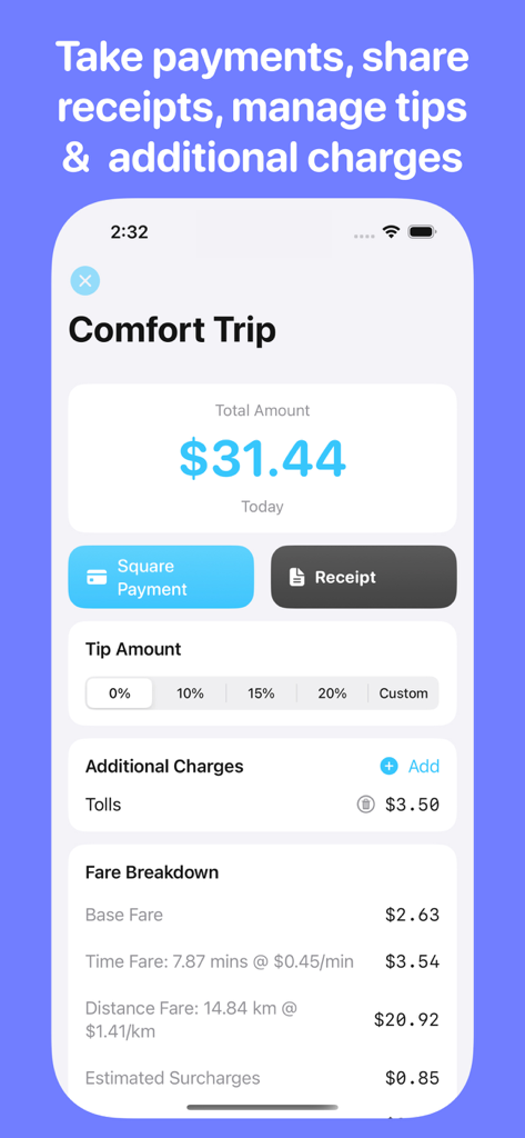 Mobile screen of Taxi Meter app showing total fare breakdown tip options and Square payment integration