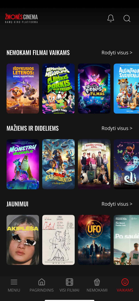Interface of the Zmones Cinema app displaying Lithuanian dubbed animated movies for children and a selection of films for youth.