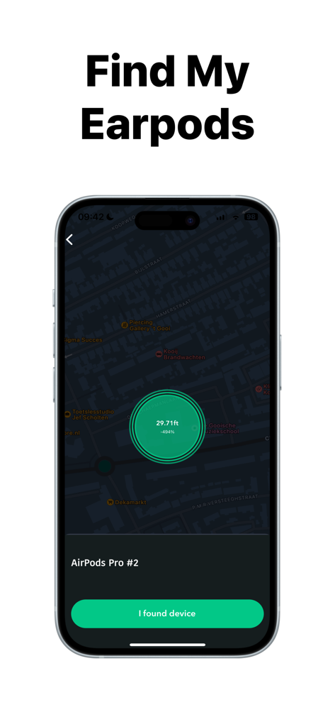 Find: my phone,device tracker - Interfaccia di uno smartphone che mostra una mappa radar Bluetooth che traccia la prossimità degli AirPods Pro smarriti
