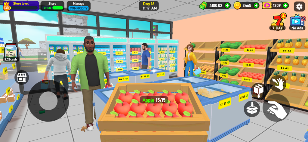A 3D simulation game screen showing a character holding a crate of red apples in a supermarket with customers and stocked shelves