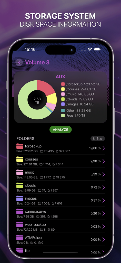 NASDL Manager - NASDL Manager storage system dashboard showing disk space usage and folder distribution for a Synology NAS