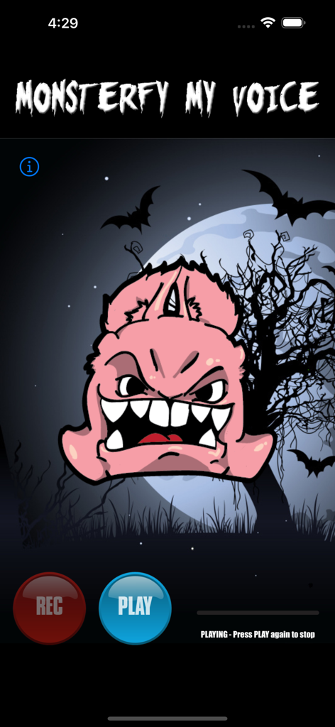 Monsterfy My Voice - Interface do aplicativo Monsterfy My Voice mostrando um personagem monstro rosa com botões de gravação e reprodução contra um fundo assustador iluminado pela lua