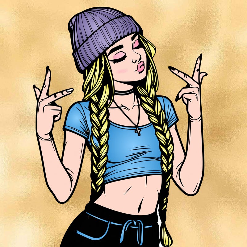 realistic teenage girl with braids and a beanie and crop top doing 🫶🏼