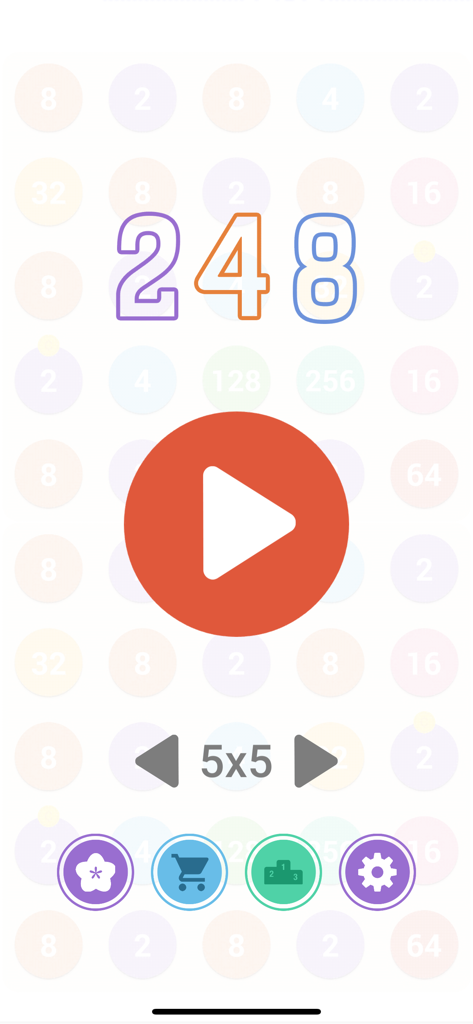 Pantalla del menú principal del juego móvil 248 Number Connect con un gran botón de reproducción y selector de tamaño de tablero de 5x5