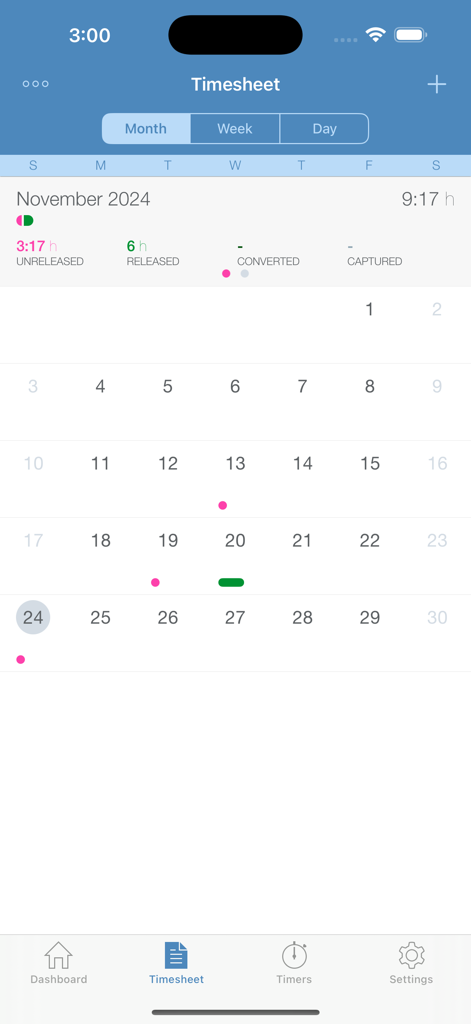 Monthly timesheet calendar view in the Intapp Time mobile app showing billable hour statuses