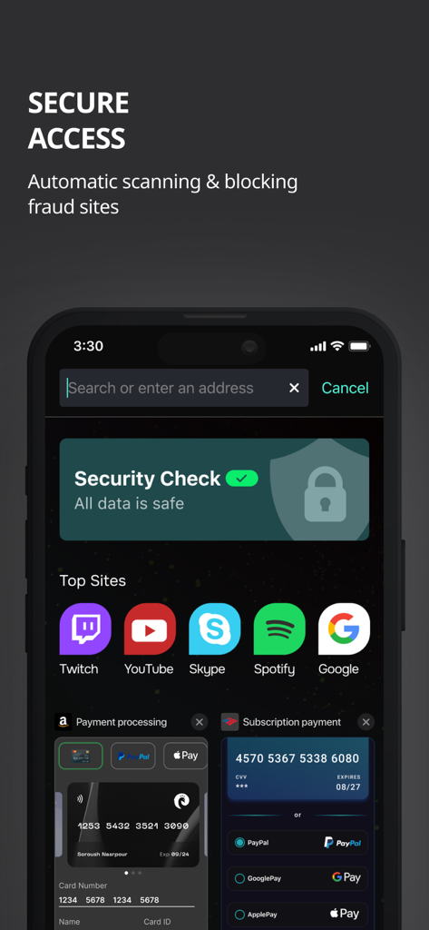 AI Security: Breach Defender - AI Security Breach Defender mobile app interface featuring secure access and fraud site blocking
