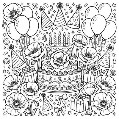 Get ready to celebrate with this delightful coloring page, combining the elegance of pink poppies with a joyful birthday party scene. You'll find a festive cake, balloons, and gifts, all waiting for your creative touch.