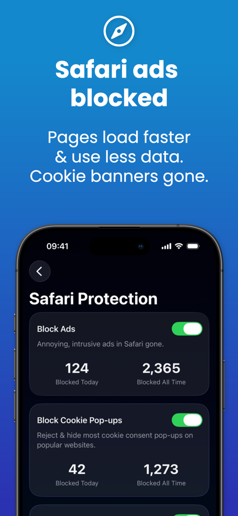 Adblock Plus for Safari (ABP) - Adblock Plus Safari Protection screen showing blocked ads and cookie pop-up statistics