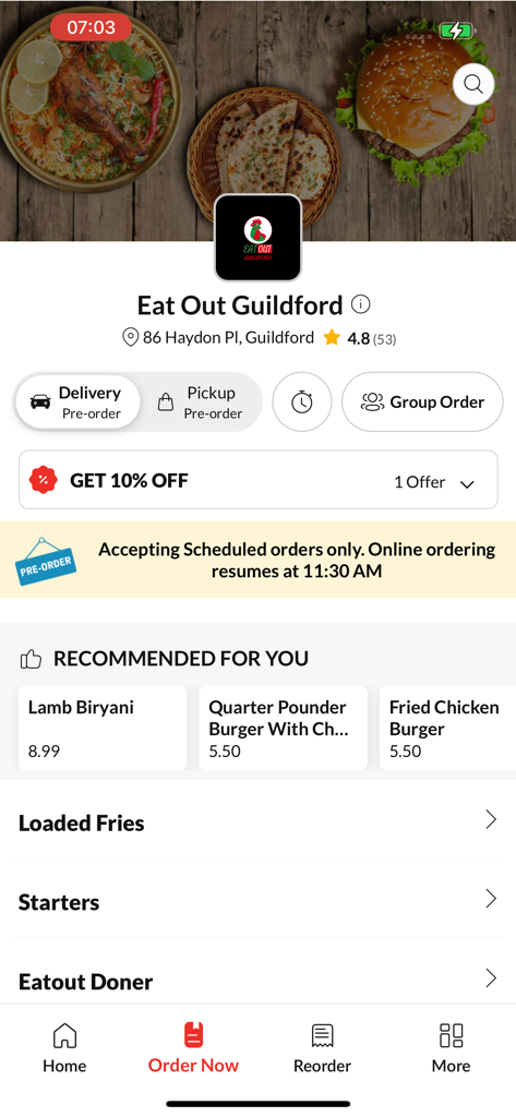 Eat Out Guildford - Eat Out Guildford mobile app interface showing food categories like biryani and burgers with delivery and pickup options