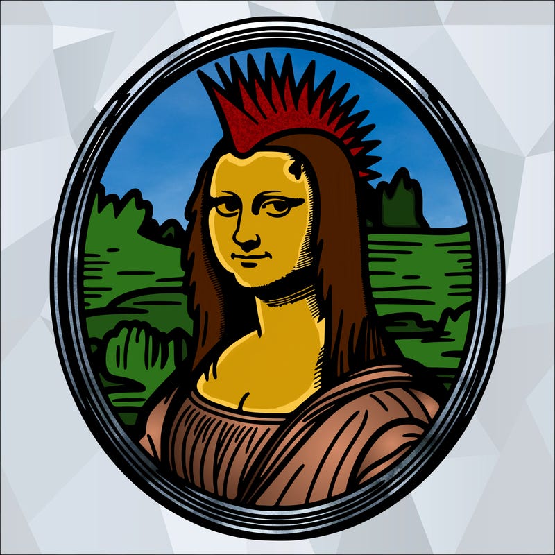 leonardo da vinci's "mona lisa" with punk hairstyle, realistic, thin borders