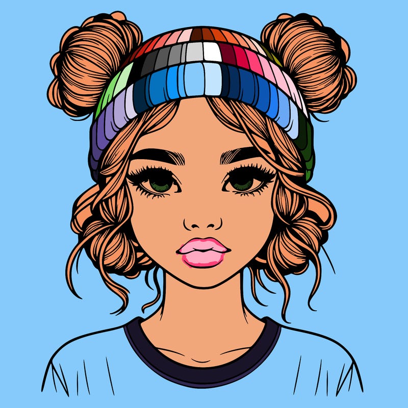 realistic girl with buns in her hair with a beanie on