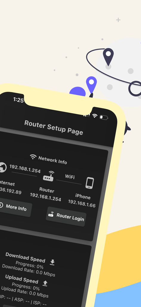 Exibição do iPhone do aplicativo Página de Configuração do Roteador mostrando endereços IP da rede e status da conexão.