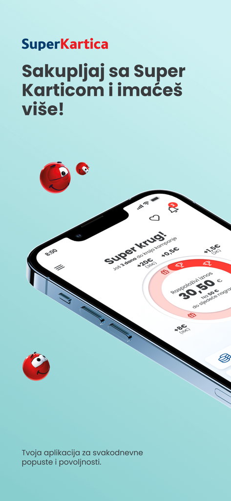 Super Kartica CG mobile App zeigt den Cashback-Saldo und Treueprämien an.