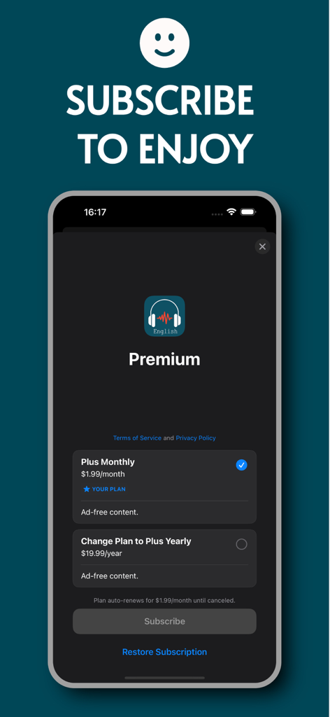 VOA Special English Listening - VOA Special English app premium subscription screen with monthly and yearly ad-free plans.