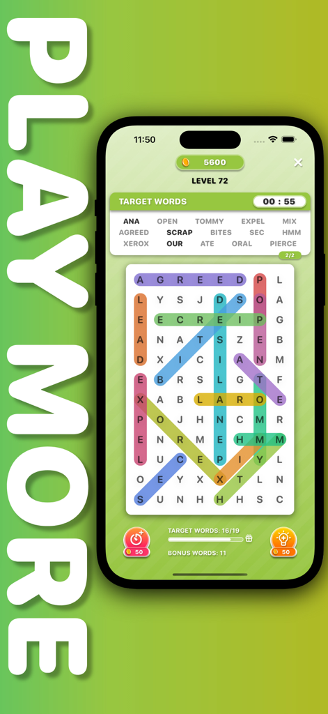 Word search game interface showing a colorful puzzle grid on a mobile phone.