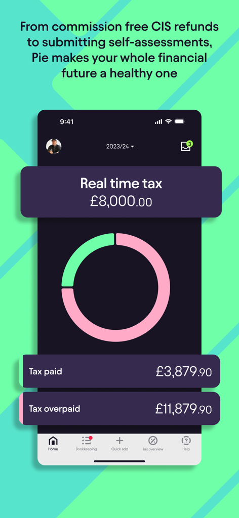 Pie Tax mobile app interface showing real time tax calculations and financial status