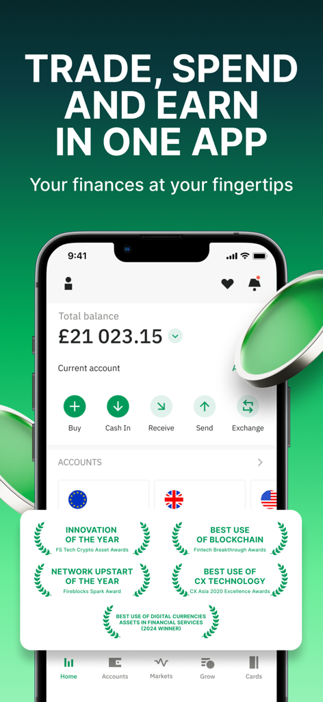 Wirex: All-In-One Trading App - Wirex app dashboard displaying total balance and industry award badges