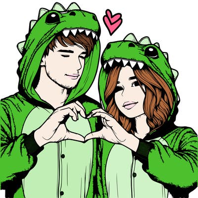 realistic couple wearing matching dinosaur onesies with heart hand gesture