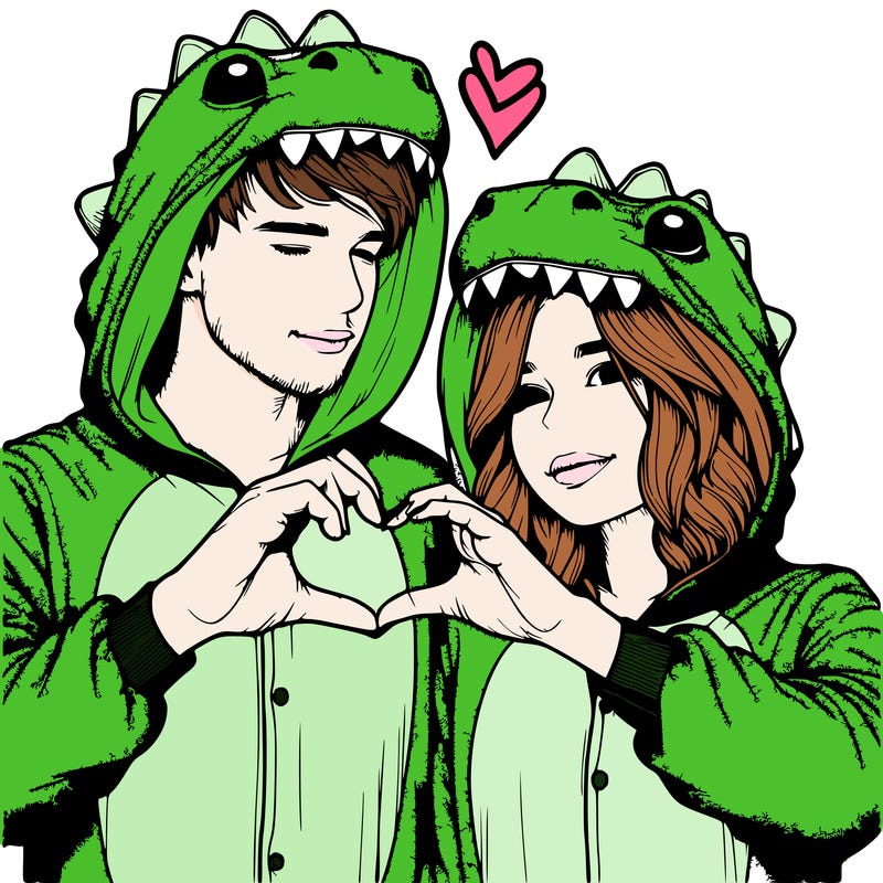 realistic couple wearing matching dinosaur onesies with heart hand gesture