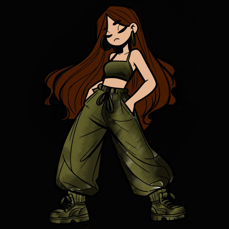girl in baggy pants crop top and long hair
