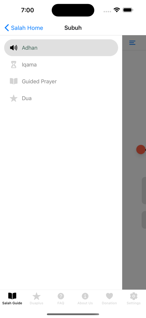 Interface of the Salah Guide app showing Subuh prayer components like Adhan and Guided Prayer