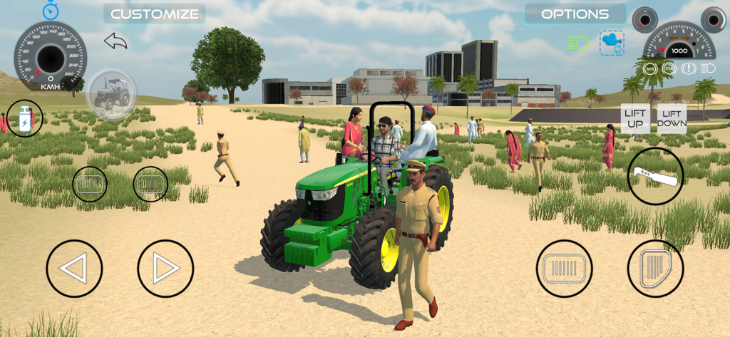 Un tractor verde con personajes en un paisaje desértico del juego Indian Vehicle Simulator 3D