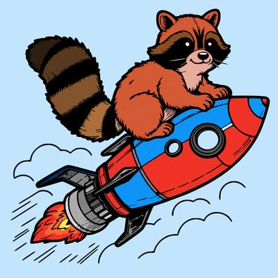 realistic raccoon flying on top rocket ship