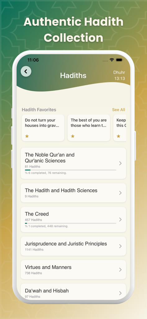 Ikra: Quran, Prayer and Dhikr - Ikraアプリのハディースコレクションセクションのスクリーンショット。カテゴリ分けされたイスラムの教えとお気に入り。