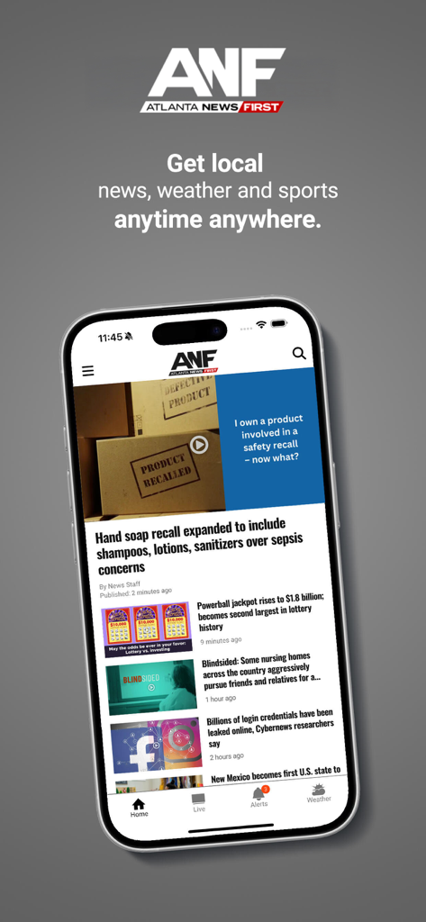 Atlanta News First - Atlanta News First mobile app displaying local news and weather headlines